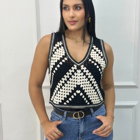 Rebellion Black and White Crochet Vest Top - Picture 4 of 4